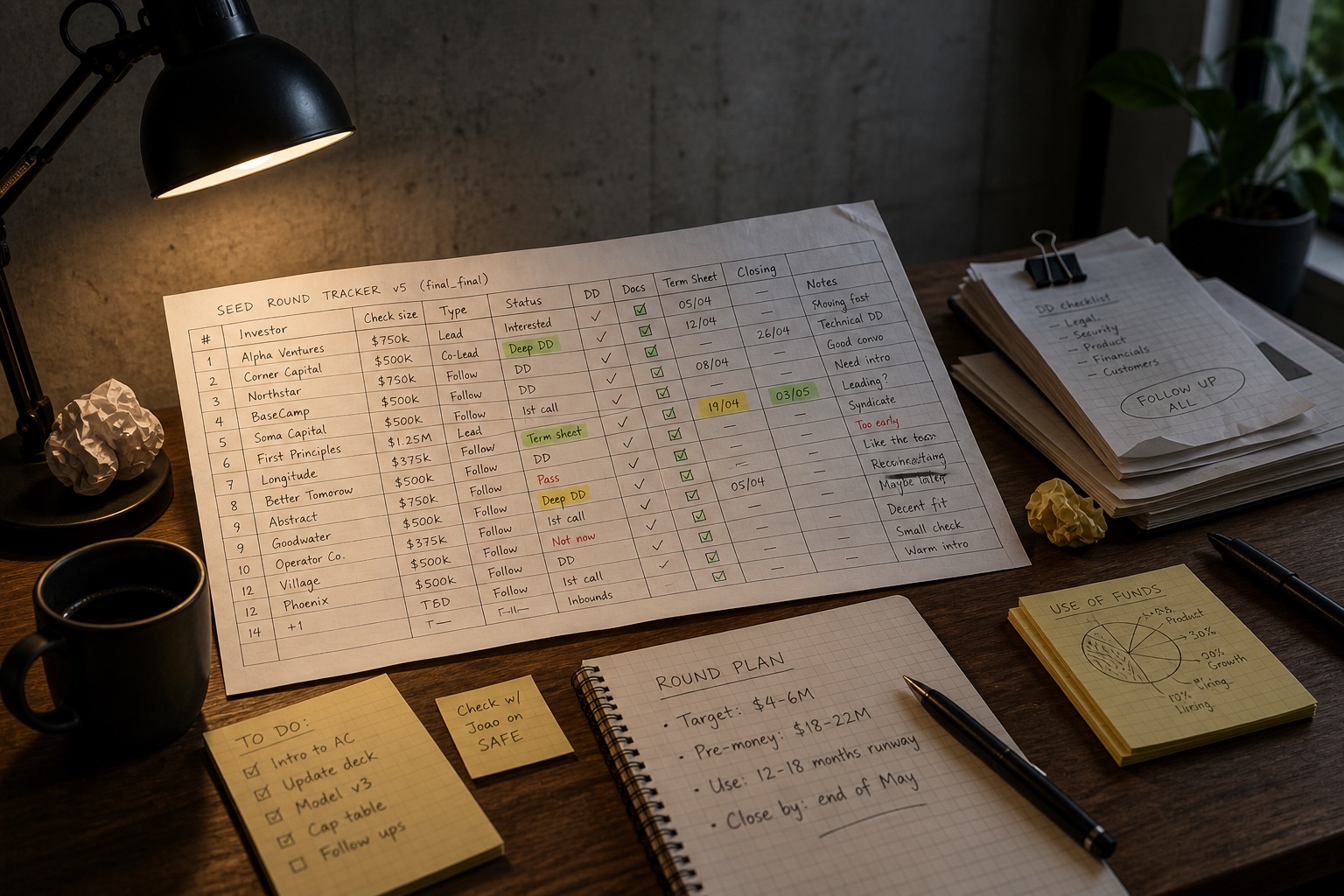 Founder desk with a hand-drawn Seed Round Tracker spreadsheet, sticky notes, and a round plan
