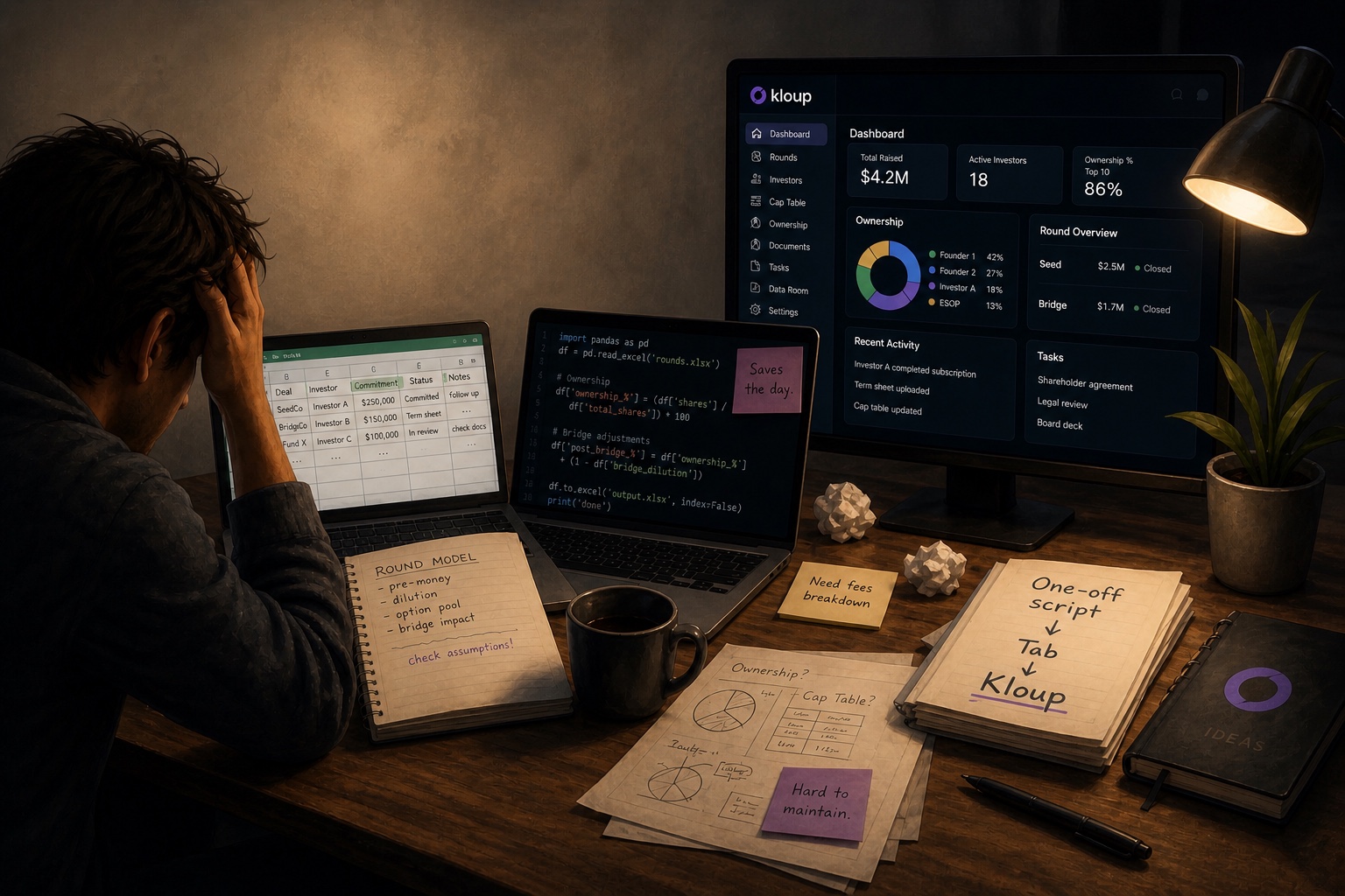 Founder at a desk with the Kloup dashboard on screen, surrounded by a spreadsheet, a one-off script, and notes